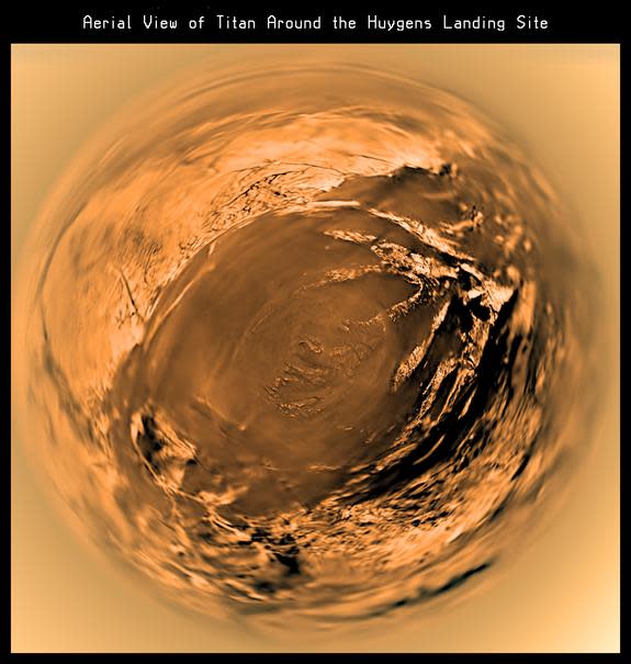 This distorted fish-eye projection shows a view of Titan’s surface from 5 kilometres above the surface. It is built with images taken during descent by the Descent Imager/Spectral Radiometer (DISR) on board ESA’s Huygens mission, on Jan. 14, 20