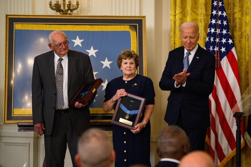 Gerald Taylor and Theresa Chandler, descendants of U.S. Army Pvts. George D. Wilson and Phillip G. Shadrach, respectively, receive Medals of Honor on behalf of their ancestors from President Joe Biden during a ceremony at the White House in Washington, D.C., July 3, 2024