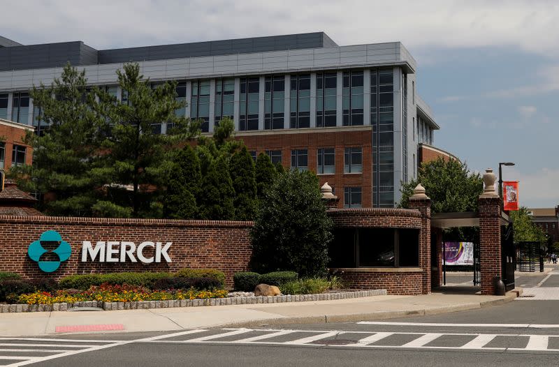 The Merck logo is seen at a gate to the Merck & Co campus in Linden, New Jersey