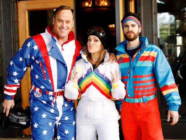 Actor Darren Criss, Mia Swier and Matt Iseman in ski gear at Deer Valley Resort