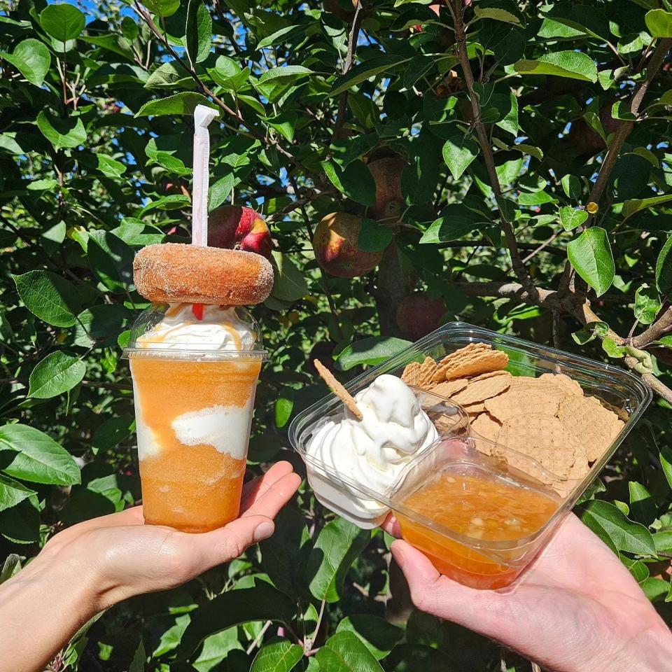 Tranquility Farms fall desserts; Apple Cider Slushie (L) and Apple Pie Nachos (R).