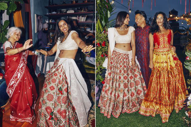 <p>Alex Lau</p> From left: Lakshmi and her aunt Aruna Jaishankar twirl on the dance floor; Lakshmi with guests Prabal Gurung and Sarita Choudhury on the flower-bedecked outdoor terrace