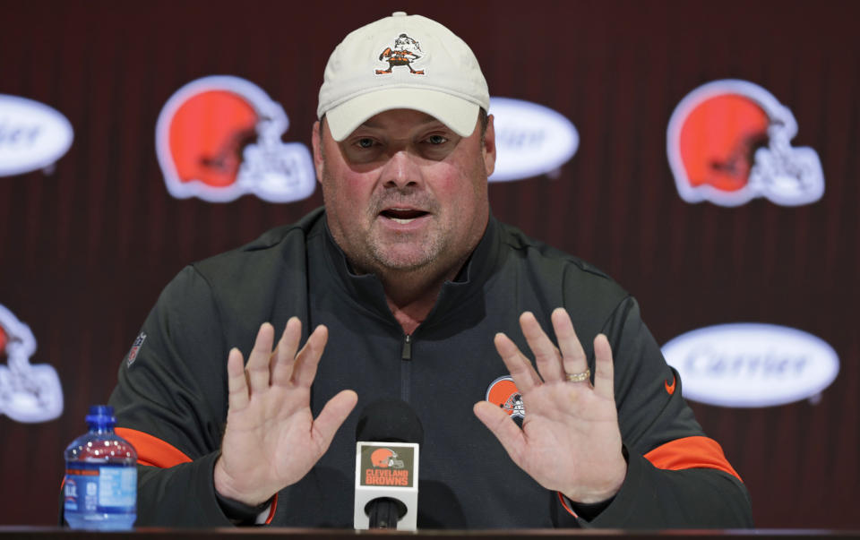 Cleveland Browns head coach Freddie Kitchens answers questions during a news conference at the NFL football team's training camp facility, Wednesday, July 24, 2019, in Berea, Ohio. (AP Photo/Tony Dejak)