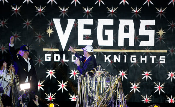 LAS VEGAS, NV - NOVEMBER 22: Majority owner Bill Foley (L) reacts as the new logo and name for the Vegas Golden Knights are unveiled in Toshiba Plaza at T-Mobile Arena November 22, 2016 in Las Vegas, Nevada. The Golden Knights will begin play in the 2017-18 season. (Photo by Isaac Brekken/NHLI via Getty Images)