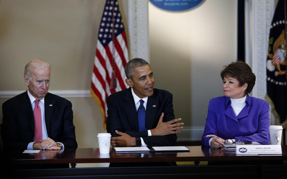 WASHINGTON, DC - FEBRUARY 19: President Barack Obama speaks during a meeting of the Democratic Governors Association while Vice President Joe Biden (3L) and  Senior Advisor to the President Valerie Jarrett (2R) listen at the Eisenhower Executive Office Building at the White House on February 19, 2016 in Washington, DC. (Photo by Aude Guerrucci - Pool/Getty Images)