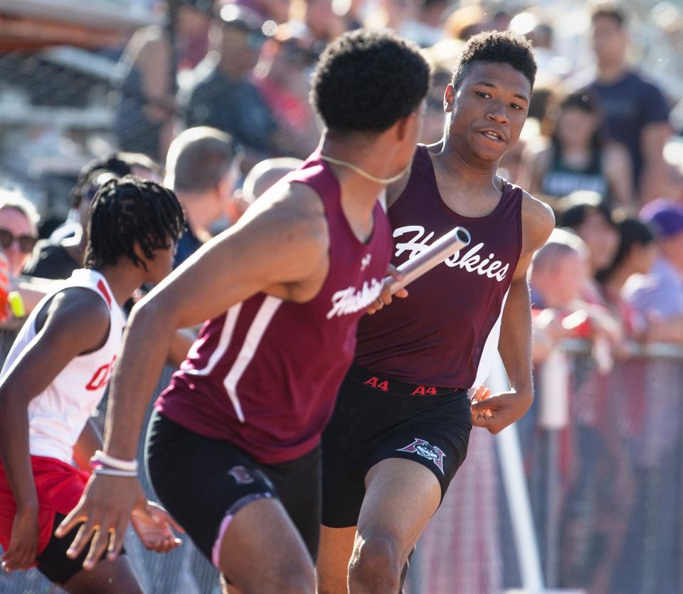 Monmouth County Relays track meet takes place at Middletown North. Matawan wins the 4x200 race, Jacob Rimpel hands off to Cameron Cooper. 
Middletown, NJ
Thursday, May 2, 2024
