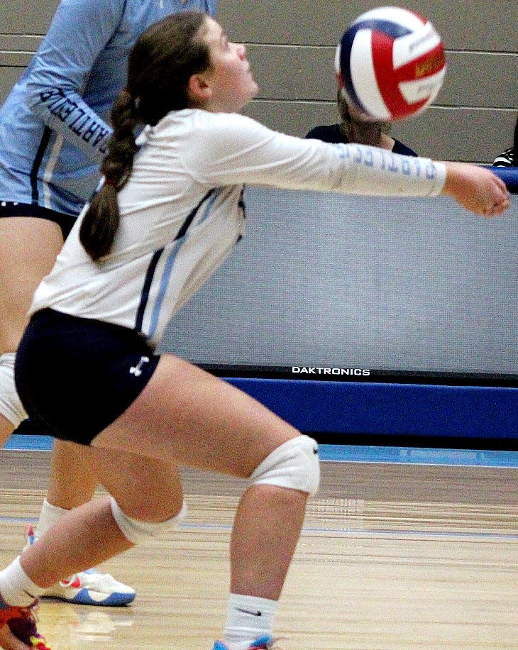 Bartlesville High School libero Sophie Frye passes the ball during a home victory on Aug. 31, 2023, against Glenpool High School.