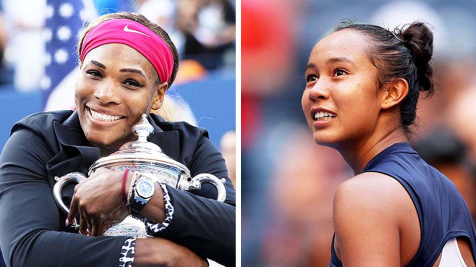 Leylah Fernandez (pictured right) smiling after her quarter-final win and (pictured left) Serena Williams hugging the US Open trophy.