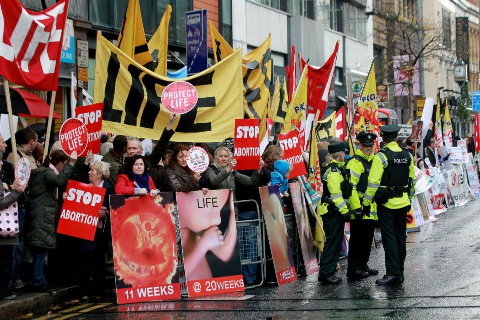 Pro-life campaigners outside the Marie Stopes clinic in Northern Ireland, the first private clinic to offer abortions to women in Belfast. (Peter Muhly/AFP/Getty Images)