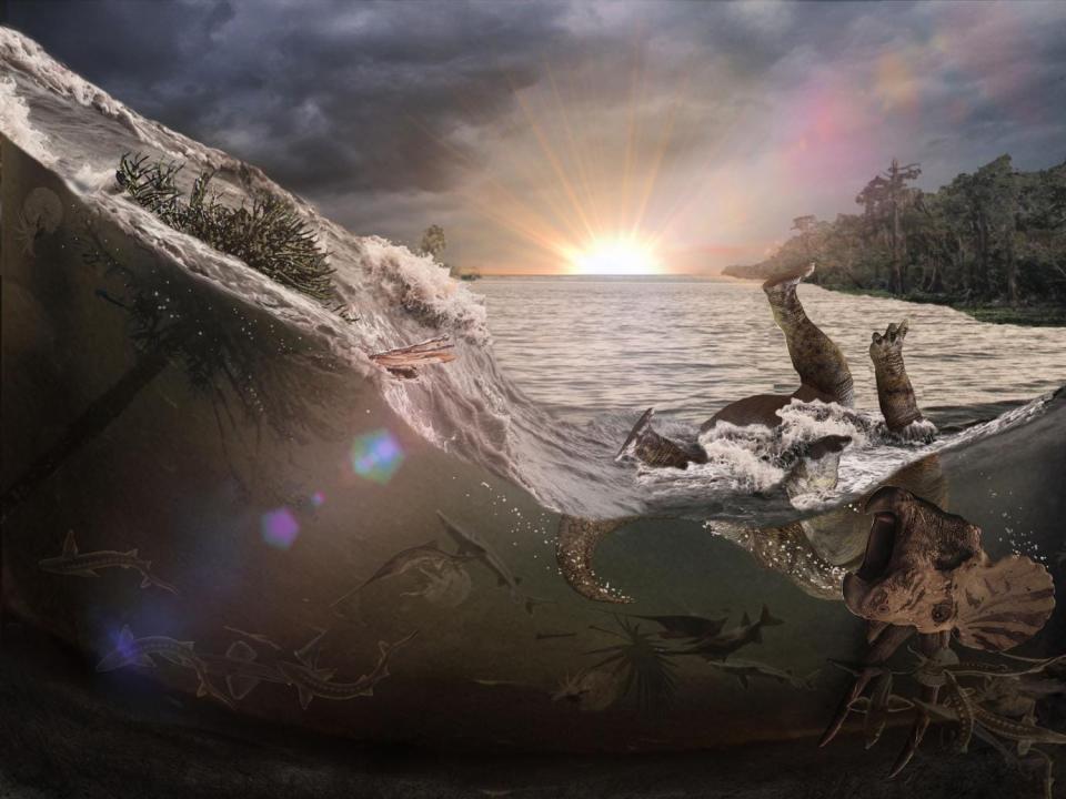 An illustration shows dinosaurs drowning in water as an impact is seen in the background.