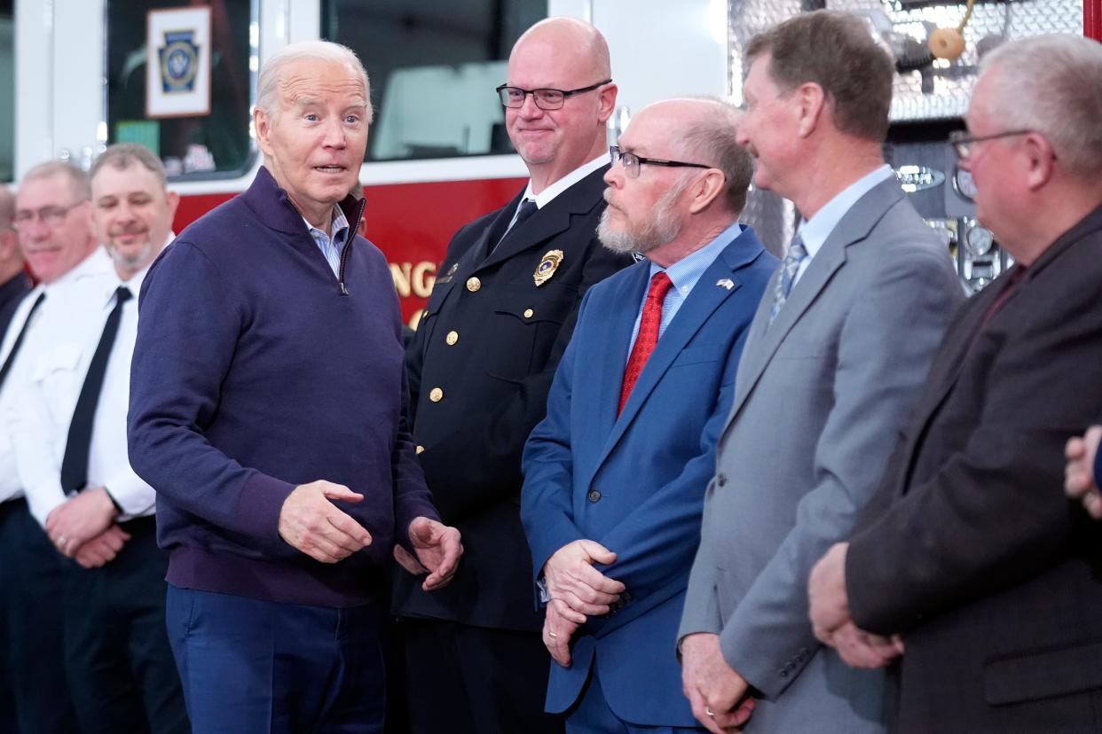 President Joe Biden talks as he visits the Darlington Municipal Complex in Darlington, Pa., Friday, Feb. 16, 2024, before continuing on to East Palestine, Ohio. (AP Photo/Andrew Harnik)