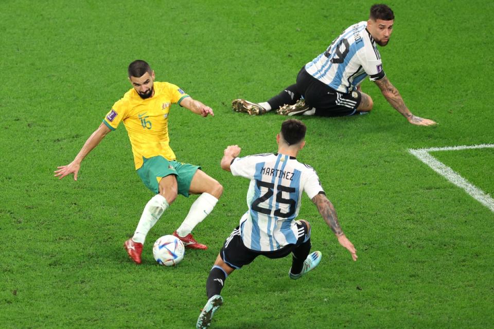 Aziz Behich comes within inches of completing an unlikely Australia comeback against Argentina in the last-16 (Getty Images)