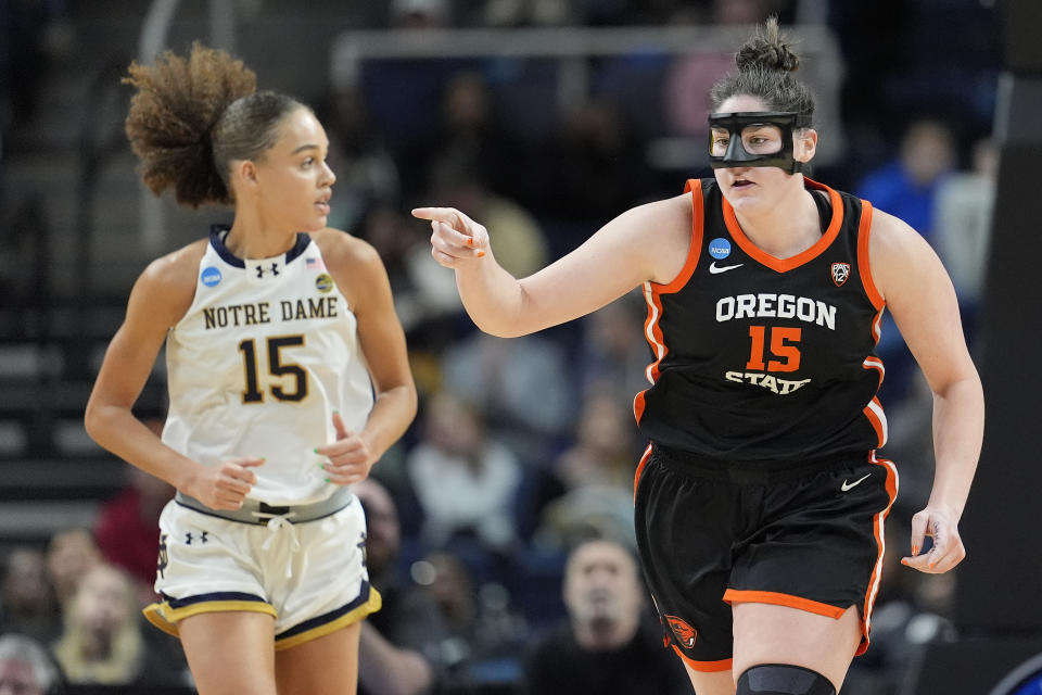 Oregon State forward Raegan Beers (15) reacts during the second half of a Sweet Sixteen round college basketball game against the Notre Dame during the NCAA Tournament, Friday, March 29, 2024, in Albany, N.Y. (AP Photo/Mary Altaffer)