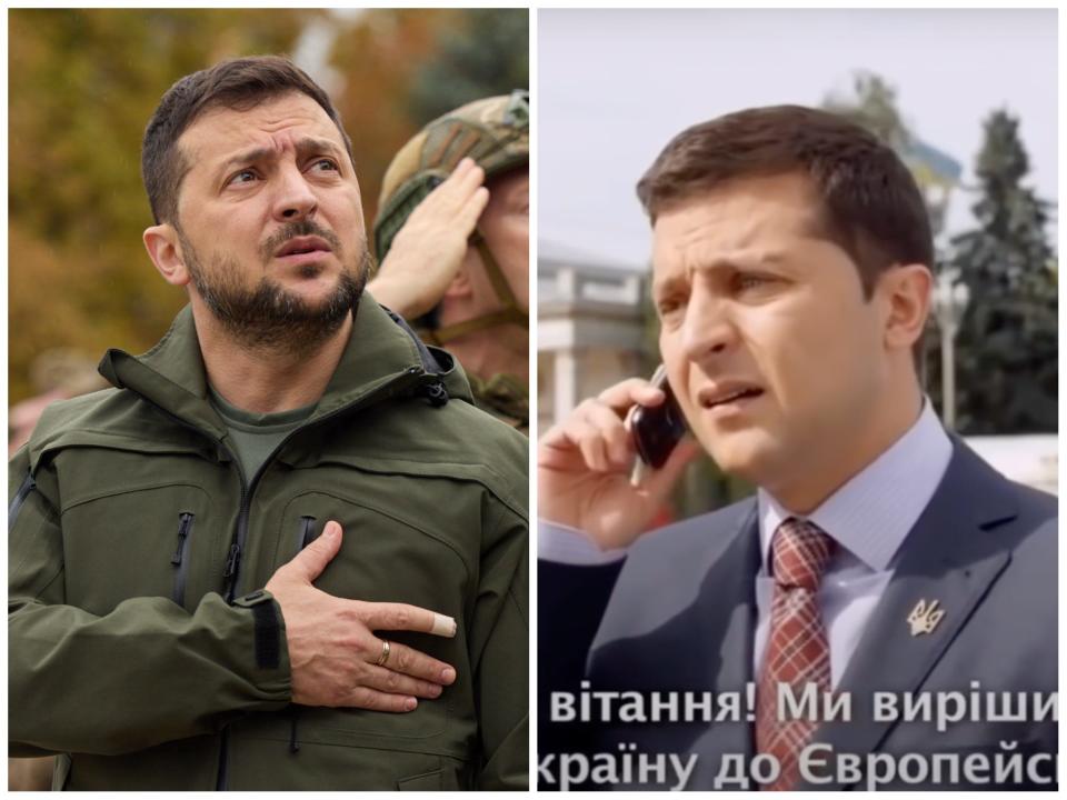 Side-by-side: President Volodymyr Zelenskyy in May 2023, holding his hand to his chest; and Zelenskyy on the phone as the fictional president Vasily Goloborodko
