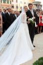 <p>At her wedding to Prince Amedeo of Belgium, Elisabetta Rosboch von Wolkenstein wore a Valentino gown with a lace collar and sheer top.</p><br>