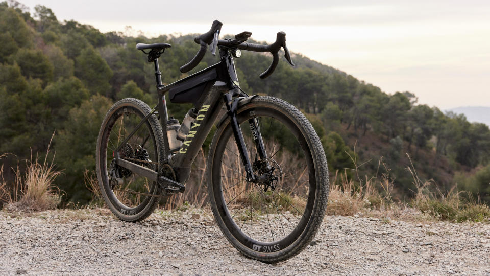 Canyon Grizl:ON electric bike on a hillside path overlooking some trees