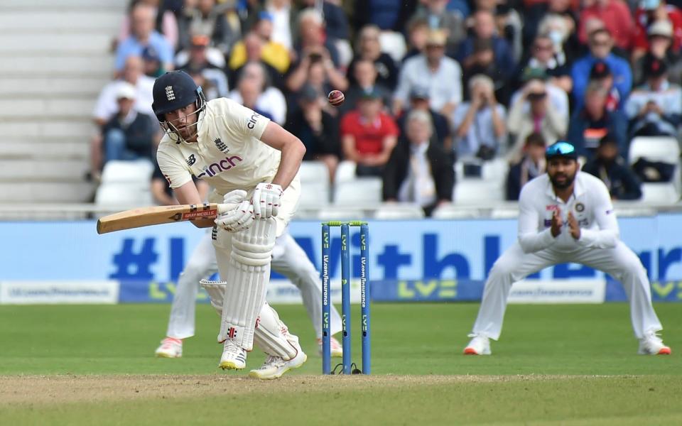 England's Dom Sibley plays a shot during the third day of first test cricket match between England and India - AP Photo/Rui Vieira