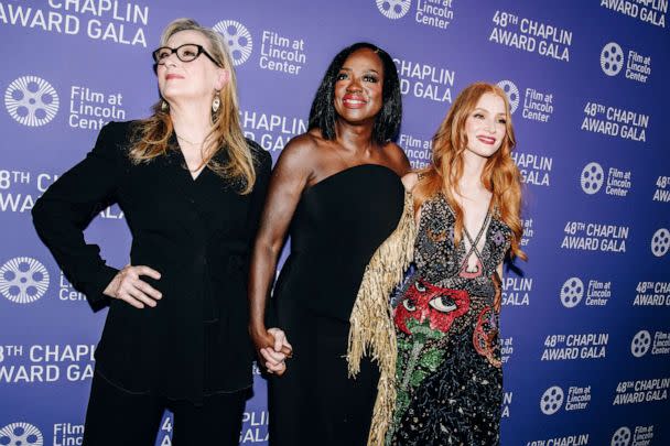 PHOTO: Meryl Streep, Viola Davis and Jessica Chastain at the 48th Chaplin Award Gala held at Alice Tully Hall, April 24, 2023, in New York. (Nina Westervelt/Variety via Getty Images)