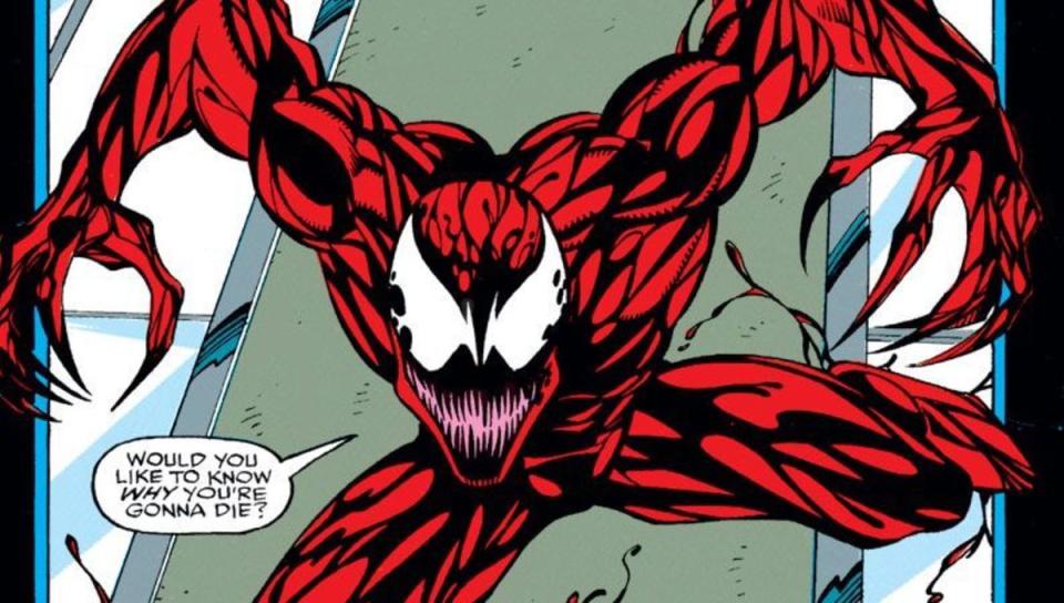 A crop from Amazing Spider-Man shows Carnage a red and black monster saying "Do you know why you're going to die"