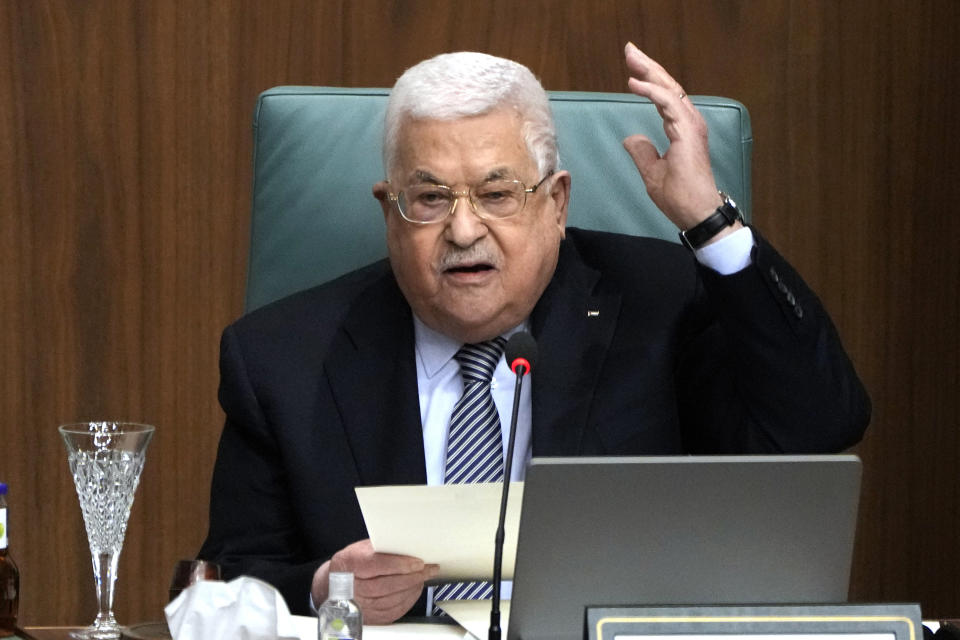 FILE - Palestinian President Mahmoud Abbas speaks during a conference to support Jerusalem at the Arab League headquarters in Cairo, Egypt, on Feb. 12, 2023. For the first time, the United Nations will officially commemorate the flight of hundreds of thousands of Palestinians from what is now Israel on the 75th anniversary of their exodus, an action stemming from the U.N.’s partition of British-ruled Palestine into separate Jewish and Arab states. Abbas is headlining Monday’s U.N. commemoration of what Palestinians call the “Nakba” or “catastrophe.” (AP Photo/Amr Nabil, File)