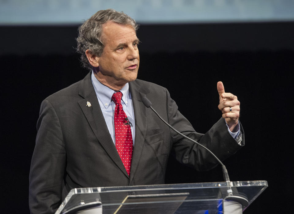 Sen. Sherrod Brown, D-Ohio speaks during a debate at the Idea Center in Playhouse Square, Sunday, Oct. 14, 2018, in Cleveland. (AP Photo/Phil Long, Pool)