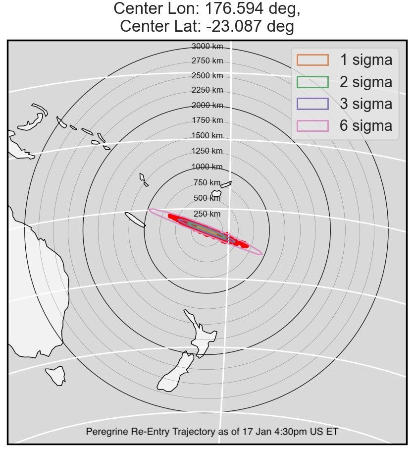 Astrobotic released this map showing the area of the South Pacific Ocean where technicians believe the Peregrine lunar lander will re-enter Earth's atmosphere.