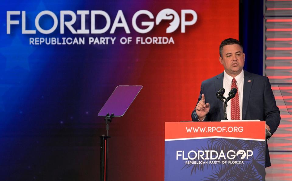 Christian Ziegler addresses attendees at the Republican Party of Florida Freedom Summit in November 2023 (AP)