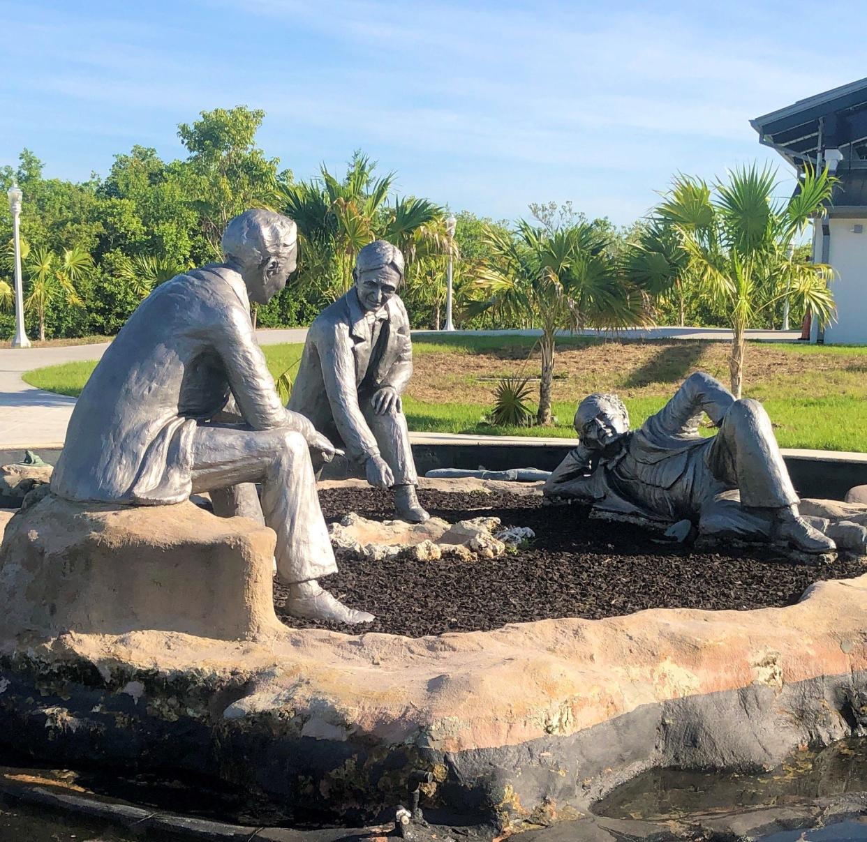 The "Uncommon Friends" statue in Fort Myers' Centennial Park portrays friends Thomas Edison, Henry Ford and Harvey Firestone on a camping trip in the Everglades.