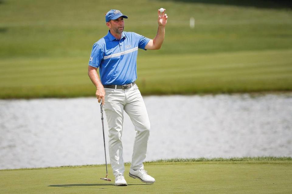 Josh Teater waves to the crowd after putting on 18 during the second round of the PGA Barbasol Championship on July 16, 2021. Teater, a Kentucky native, will once again play in his home event this year.