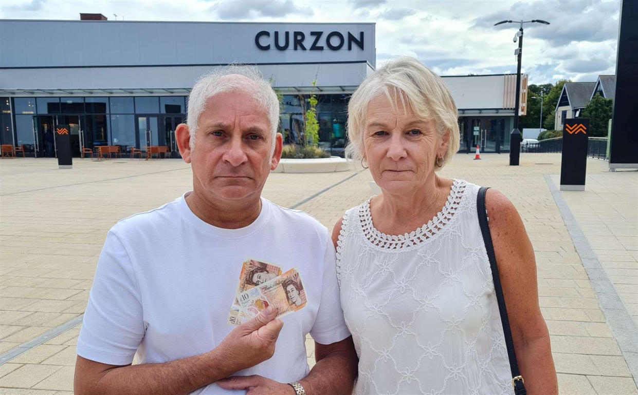 Richard and Carol Riley at the new five-screen Curzon at a £115 million complex in Canterbury. See SWNS story SWLScinema. A couple were fuming after they were turned away from a cinema - because they wanted to pay using cash. Richard and Carol Riley visited a new five-screen Curzon at a £115 million complex in Canterbury. But they claim when they ordered food and drinks, an employee said they don't accept the cash, because the venue caters mostly to students in nearby purpose-built accommodation. The couple were outraged and said they feel the older generation are being left behind.  