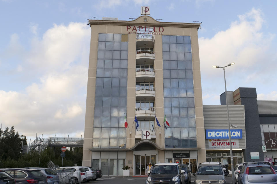 A view of the hotel where an American woman wanted in the 2002 death of her husband was arrested in Rome, Thursday, Feb. 13, 2020. An American woman wanted in the 2002 death of her husband, whose remains were so badly burned they weren’t identified for more than a decade, was arrested in Rome after a multinational search, police said Thursday. Rome police arrested Beverly McCallum, 59, overnight after she and her teenage son checked into a Rome hotel on the northwest outskirts of the Italian capital. Italian hotels are required to register guests in an online system linked to a police database. (AP Photo/Paolo Santalucia)