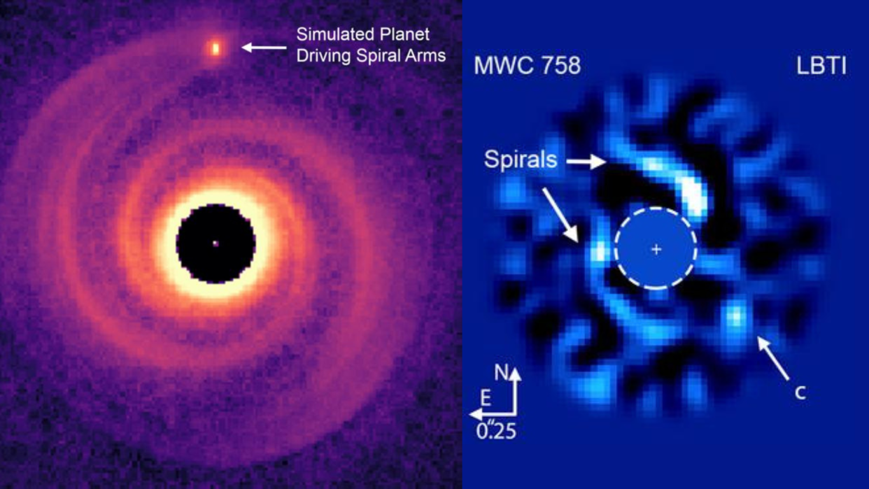  Two images showing how a giant exoplanet is carving spiral arms round its parent star. 