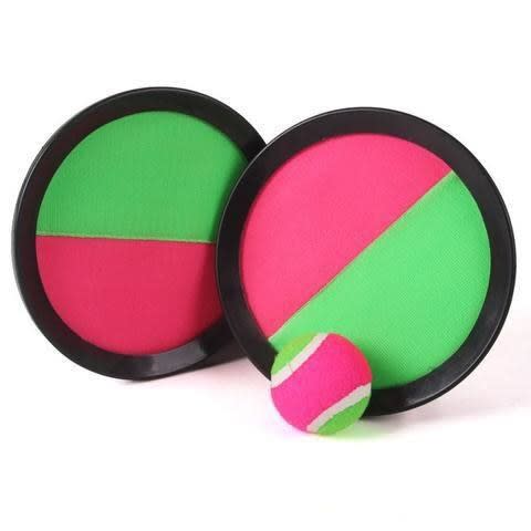 A neon green and pink magic mitt set