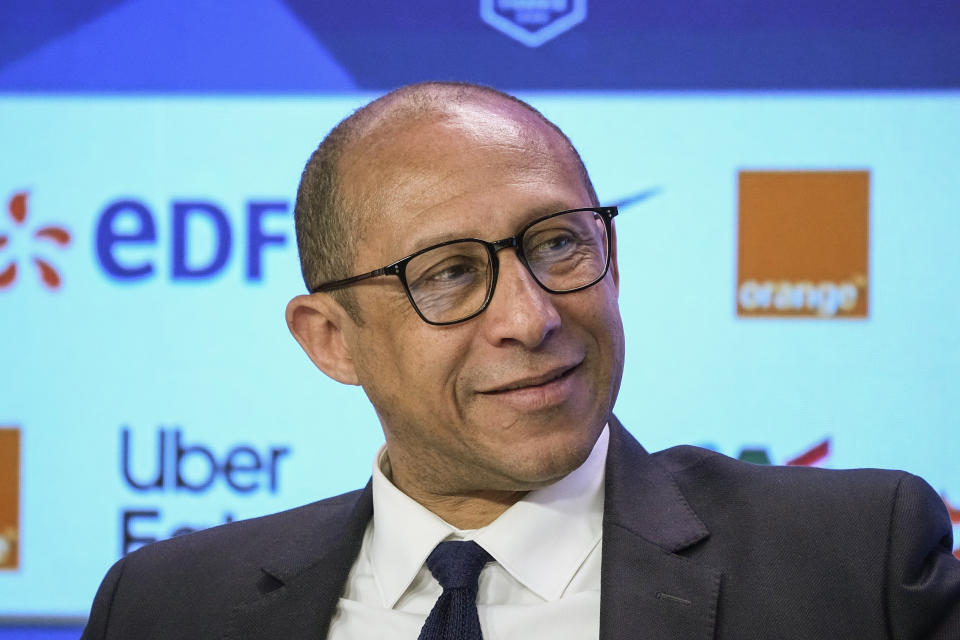 FILE - Interim President of French soccer federation Philippe Diallo, smiles as he attends a press conference at the French soccer federation, on March 31, 2023 in Paris. For Muslim soccer players in deeply secular France, observing Ramadan is a tall order. Wielding a principle of religious neutrality enshrined in the French constitution, the country's soccer federation does not accomodate players who want to fast and refrain from drinking or eating from sunrise to sunset. (AP Photo/Michel Euler, File)