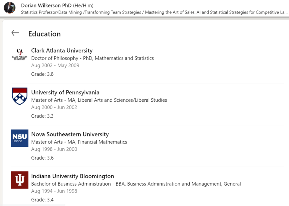 Dorian Wilkerson’s current LinkedIn page removed some of the educational claims made on his previous LinkedIn page about epidemiology and Emory University.