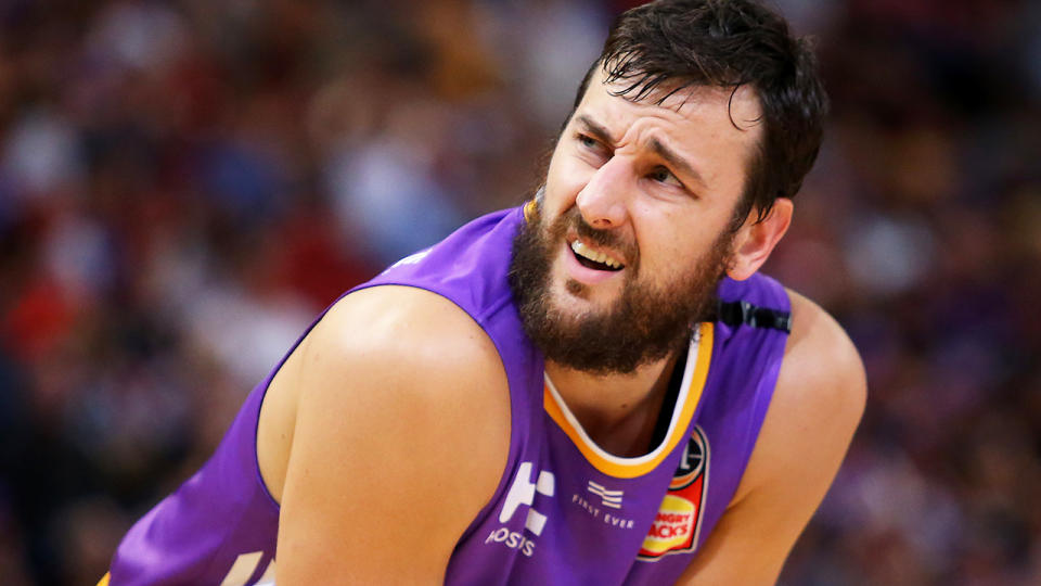 Andrew Bogut is pictured playing for the Sydney Kings during the 2019/20 NBL Finals.