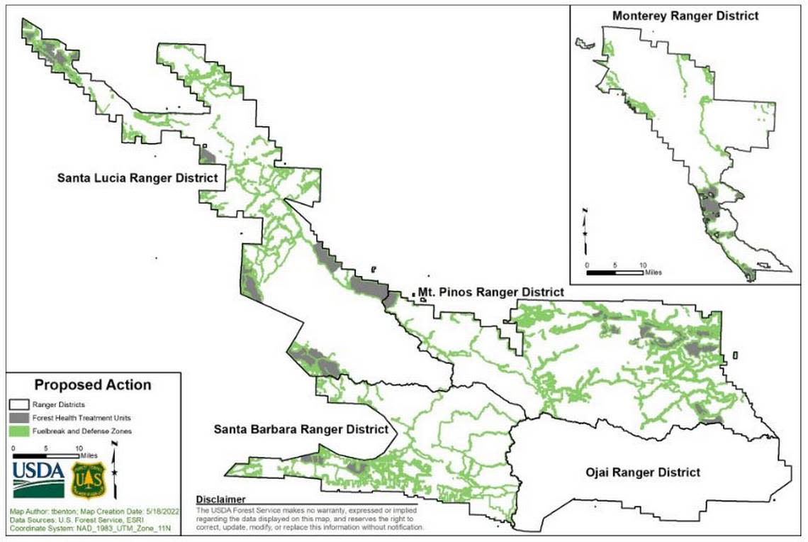 A map of the proposed ecological restoration project in the Los Padres National Forest.