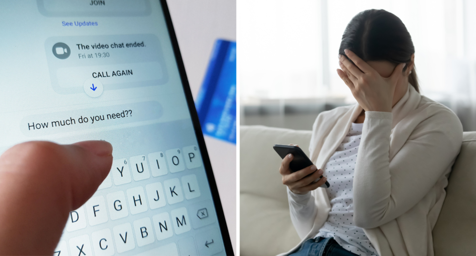 A woman's hand texting and a woman puts her head in her hand while holding a phone.