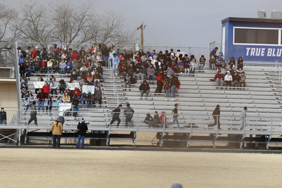 PR Leyva Intermediate School students protest state mask mandates during school on Feb. 17, 2022.