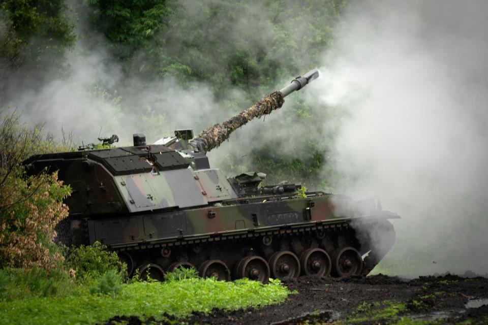 A Ukrainian army, German self-propelled Panzerhaubitze 2000 artillery fires toward Russian positions at the frontline near Bakhmut, Donetsk region, Ukraine, Saturday, May 27, 2023.