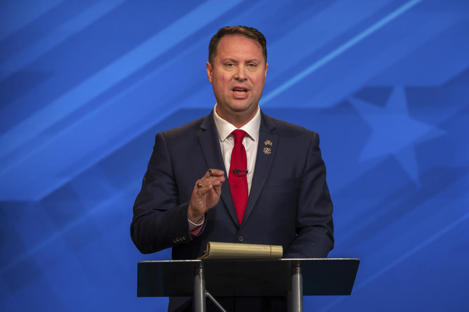 This image released by Maryland Public Television shows gubernatorial candidate Republican Dan Cox speaking during a debate with Democrat Wes Moore, Wednesday, Oct. 12, 2022, in Owings Mills, Md. Republican Gov. Larry Hogan is term limited. (Maryland Public Television/Michael Ciesielski via AP, Pool)