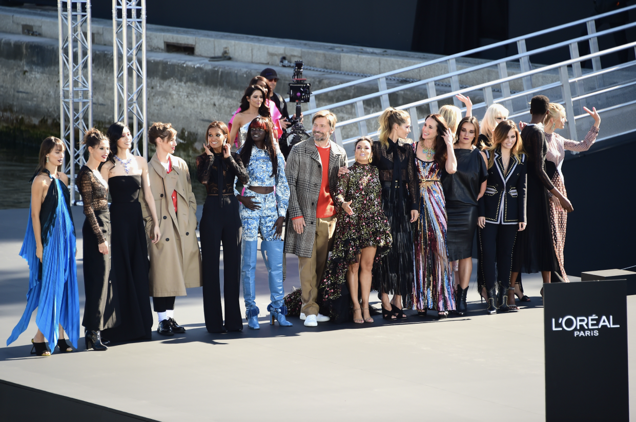 Models and celebrities line up at the L’Oréal Paris Fashion Week show. (Photo: L’Oréal)