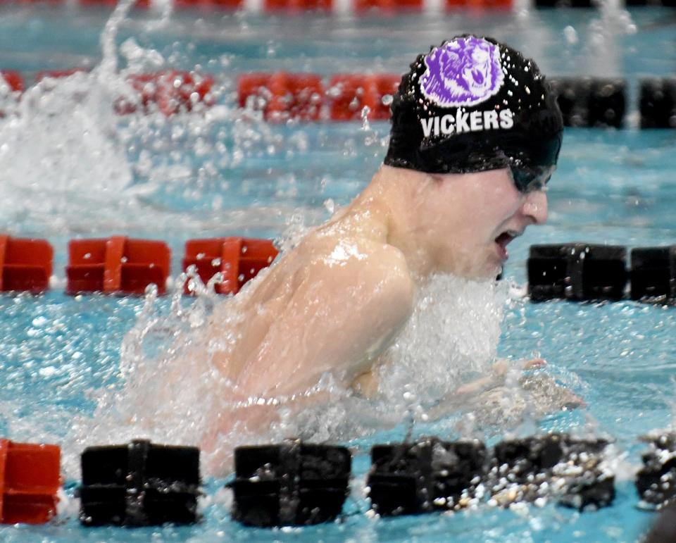 Jackson's Luke Vickers  swims in Boys 100 Yard Breastroke of the 2022 OHSAA Division I Swimming Prelims at C.T. Branin Natatorium.  Friday,  February 25, 2022. 