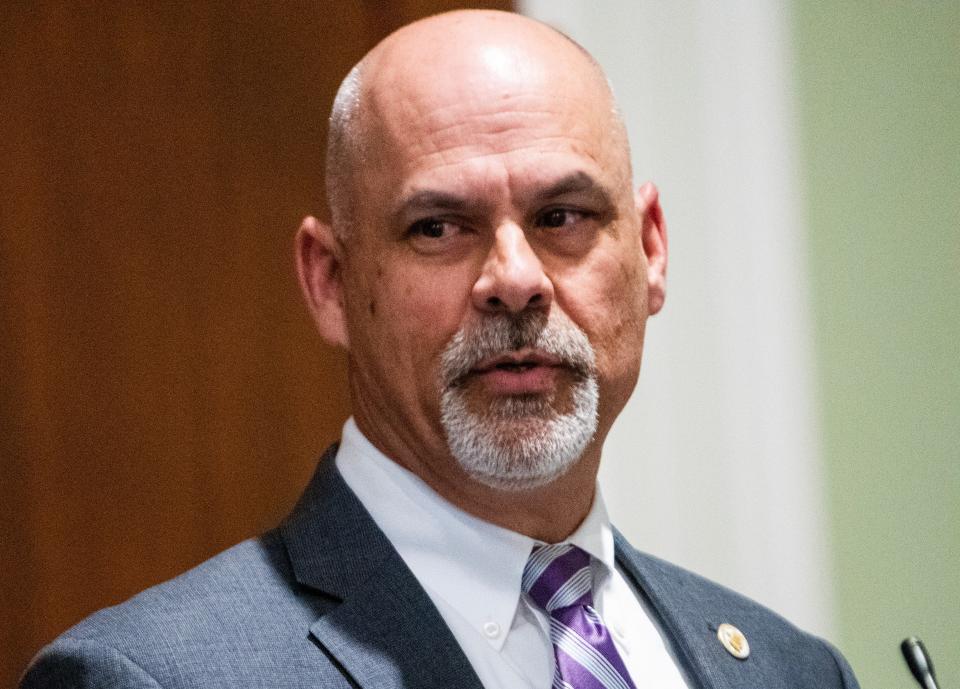 John Hamm, Commissioner of the Alabama Department of Corrections, speaks as the ‘Changing the Course, Art by the Currently and Formerly Incarcerated’ exhibit is displayed at the Alabama Department of Archives and History in Montgomery, Ala., on Monday March 19, 2024.