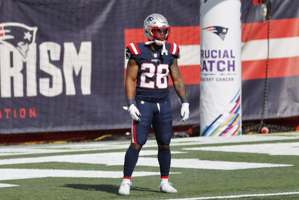 FOXBOROUGH, MA - OCTOBER 18: New England Patriots running back James White (28) in warm up before a game between the New England Patriots and the Denver Broncos on October 18, 2020, at Gillette Stadium in Foxborough, Massachusetts. (Photo by Fred Kfoury III/Icon Sportswire via Getty Images)