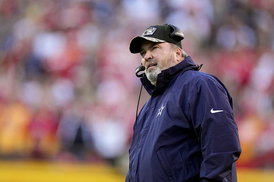 Dallas Cowboys head coach Mike McCarthy watches from the sidelines during the first half of an NFL football game against the Kansas City Chiefs Sunday, Nov. 21, 2021, in Kansas City, Mo. (AP Photo/Charlie Riedel)