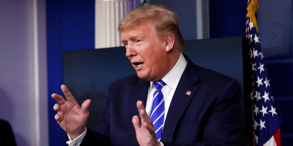 President Donald Trump speaks about the coronavirus in the James Brady Press Briefing Room of the White House, Thursday, April 23, 2020, in Washington. (AP Photo/Alex Brandon)