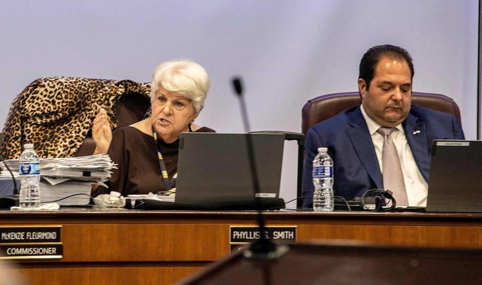 City of North Miami Beach Mayor Anthony F. DeFillipo listens as Commissioner Phyllis Smith talks about her motion to dismiss current City Manager Arthur H. Sorey III, at the City chambers on Tuesday March 21, 2023.