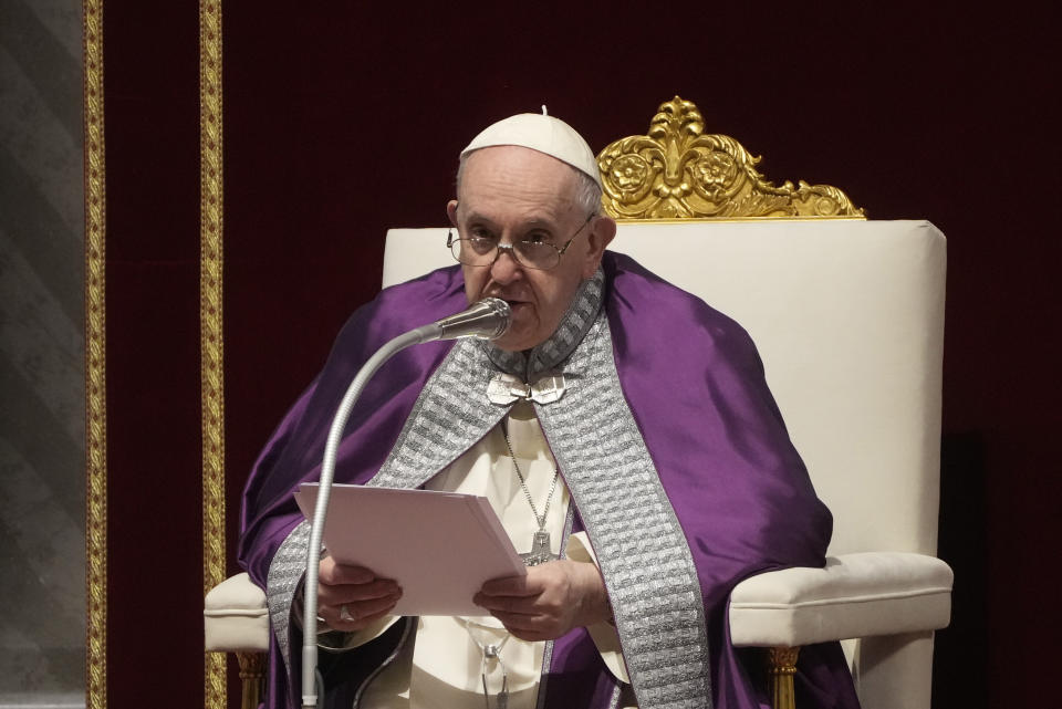 Pope Francis presides over a special prayer in St. Peter's Basilica at the Vatican, Friday, March 25, 2022. Francis is presiding over a special prayer for Ukraine that harks back to a century-old apocalyptic prophesy about peace and Russia that was sparked by purported visions of the Virgin Mary to three peasant children in Fatima, Portugal in 1917. (AP Photo/Gregorio Borgia)