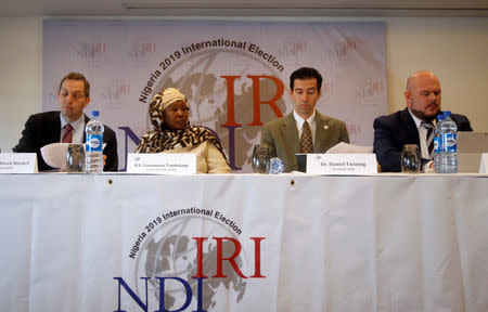 The IRI-NDI election observer delegation attend a news conference as the country awaits the result of the presidential election, in Abuja, Nigeria February 25, 2019. REUTERS/Gbemileke Awodoye